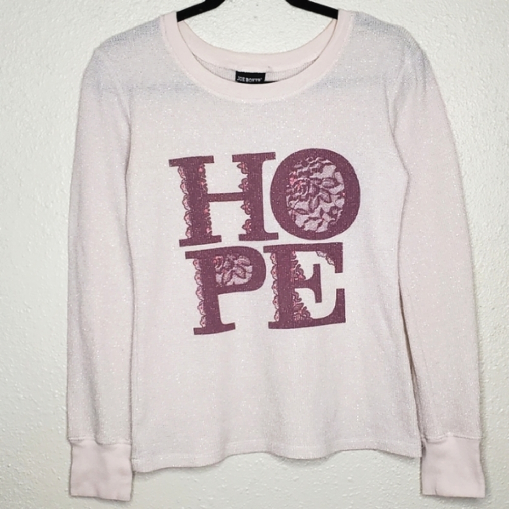 Joe Boxer "HOPE" Pink Cream Thin Sparkling Long Sleeve T Shirt Top (Size: L)